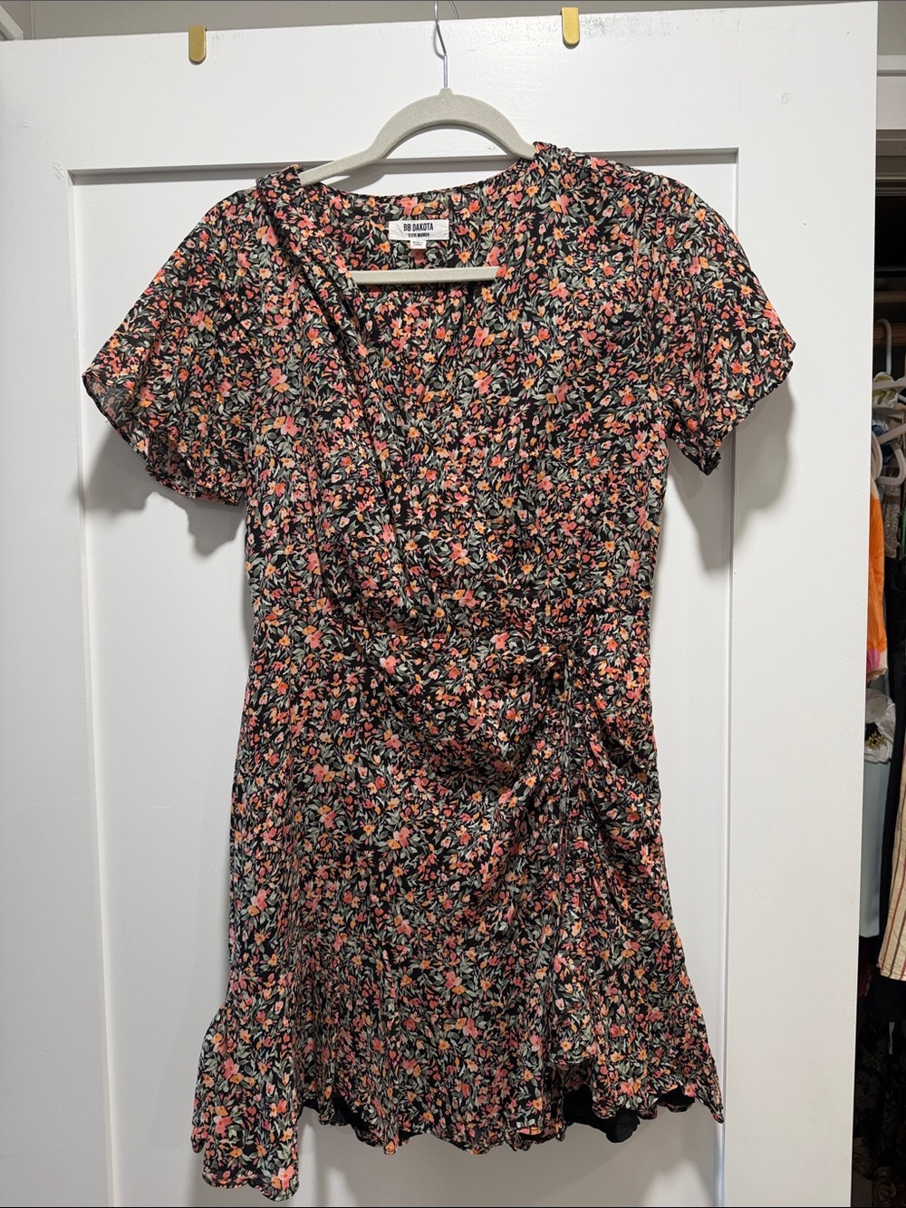BB Dakota Black Mini Wrap Dress with Pink and Coral Floral